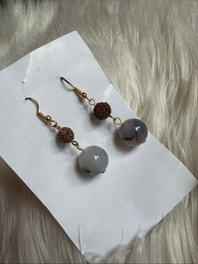 Handmade Rudraksha Seeds & Polishes Agate Drop Earrings From Mexico